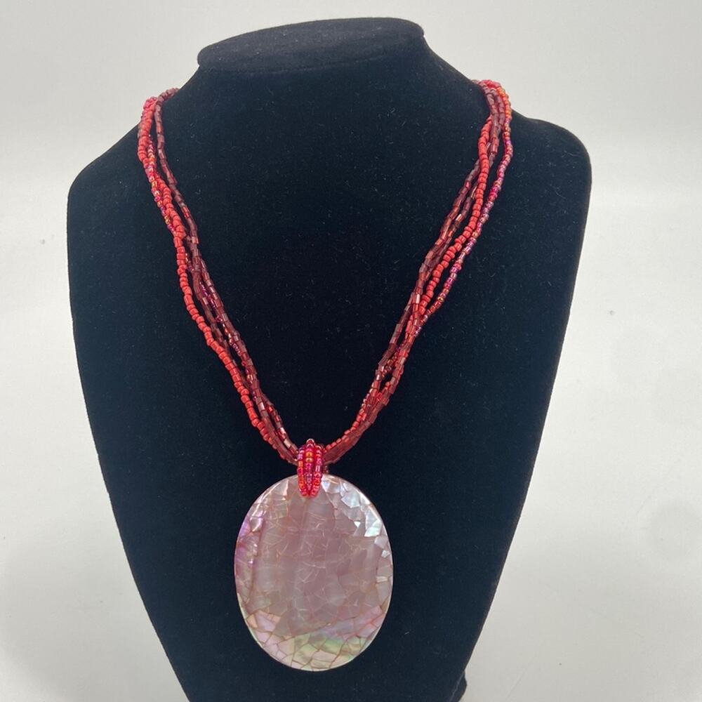 Handmade mother of pearl chip red beaded multi stranded necklace